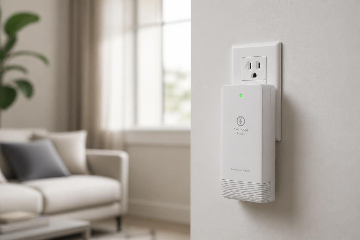 White power conditioning device plugged into a residential wall outlet